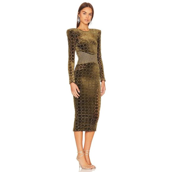 Zhivago Dresses Zhivago Salvation Long Sleeve Khaki Laser Cut Velvet Bodycon Midi Dress